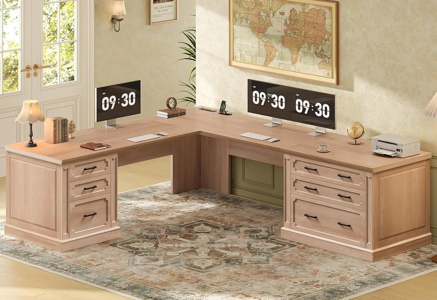 Farmhouse 78.7" Executive L Shaped Desk with 6 Drawers, Home Office Desk with Power Outlet, File Cabinet Storage, Wood Corner Co
Farmhouse 78.7" Executive L Shaped Desk with 6 Drawers, Home Office Desk with Power Outlet, File Cabinet Storage, Wood Corner Co