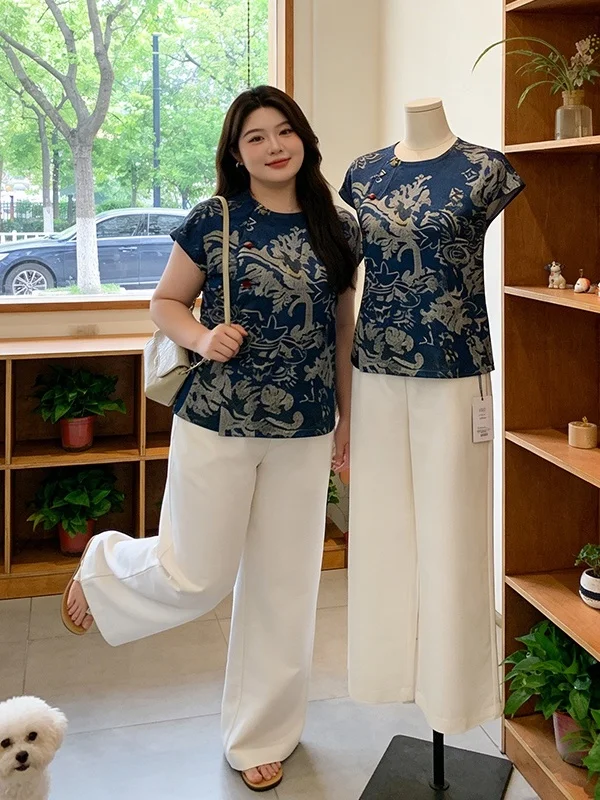 plus Size Women's Summer New Chinese Style National Trend Blue Short Sleeve Shirt Wide Leg Casual Pants Two Piece Set
plus Size Women's Summer New Chinese Style National Trend Blue Short Sleeve Shirt Wide Leg Casual Pants Two Piece Set