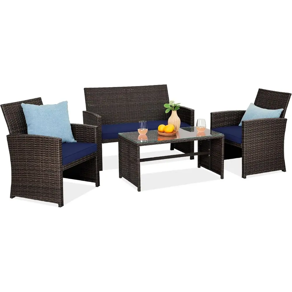 4-Piece Brown/Navy Outdoor Wicker Patio Furniture Set with Cushions and Coffee Table
4-Piece Brown/Navy Outdoor Wicker Patio Furniture Set with Cushions and Coffee Table
