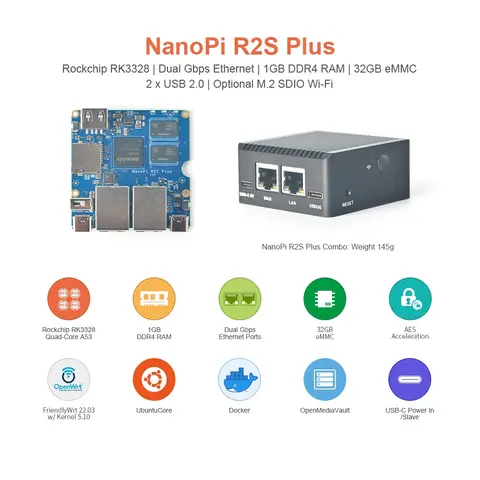 NanoPi R2S PLUS (1G DDR4 RAM & 0/32Gb eMMC), Rockchip RK3328, Quad Cortex-A53, LAN Dual 1000M Ethernet, USB3.0, U-Boot, Ubuntu-Core