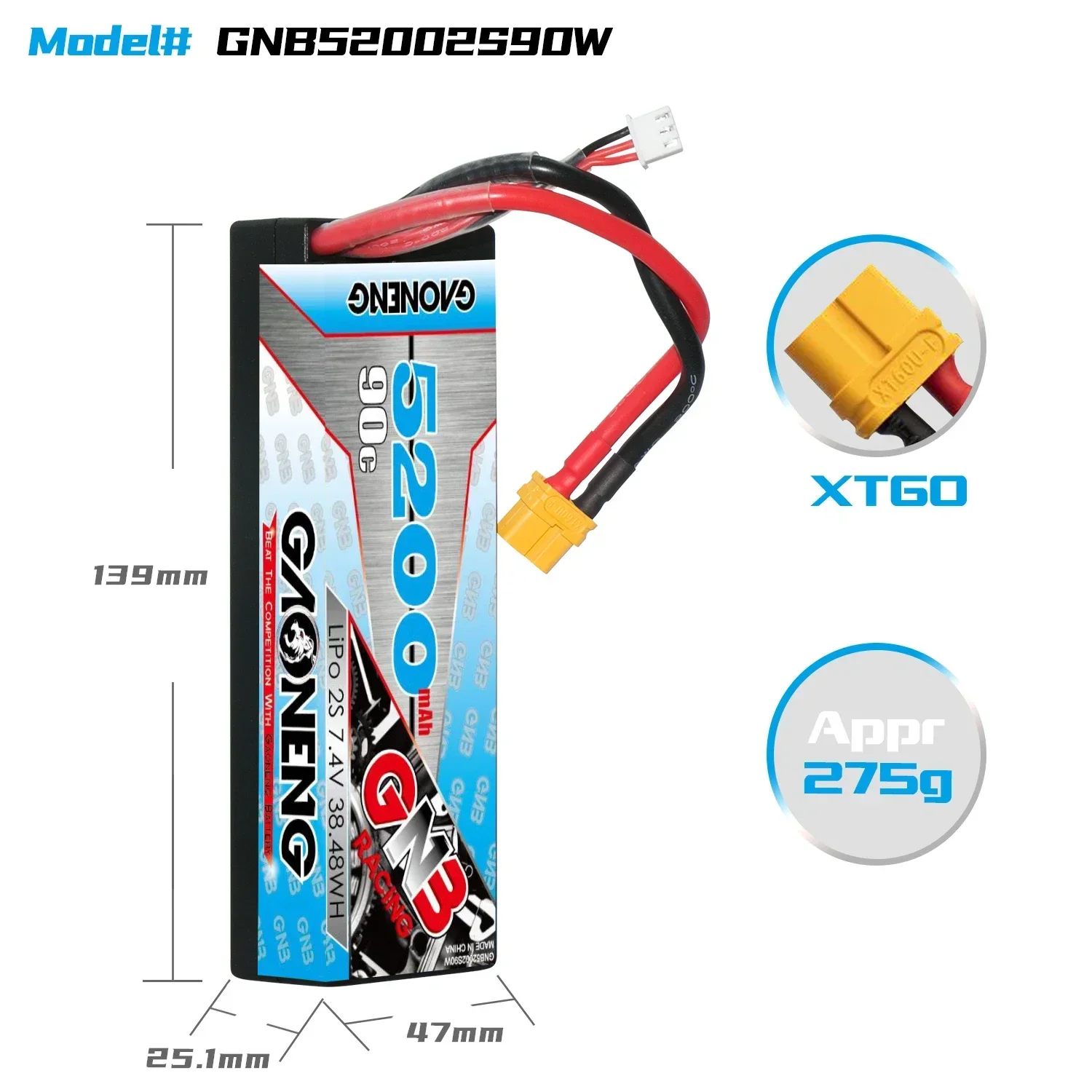 GAONENG GNB 5200 мАч 2S 7,4 В 100C/200C твердый корпус LiPo аккумулятор с Т-образным разъемом XT60 для 1/10 автомобиля радиоуправляемой лодки
GAONENG GNB 5200 мАч 2S 7,4 В 100C/200C твердый корпус LiPo аккумулятор с Т-образным разъемом XT60 для 1/10 автомобиля радиоуправляемой лодки