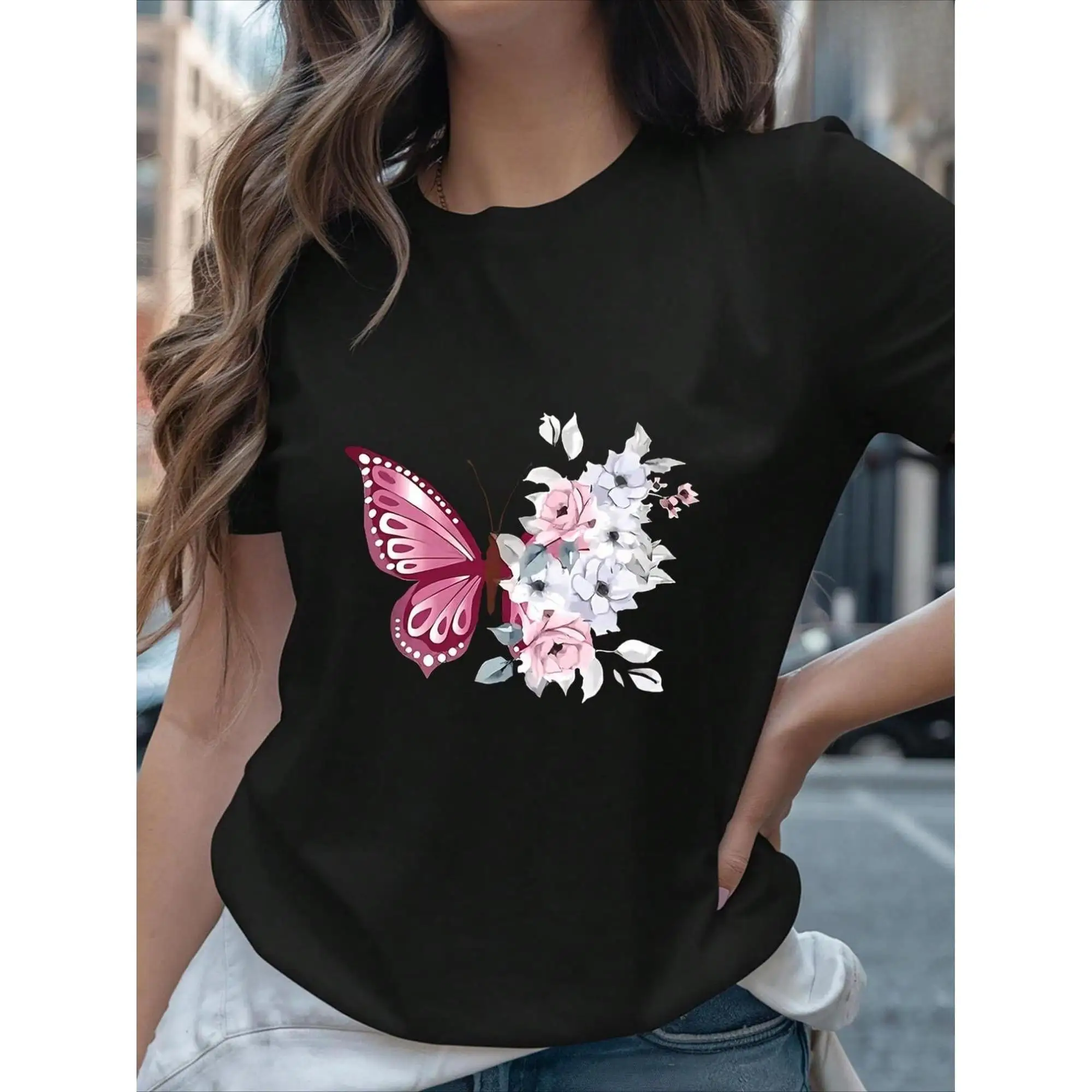 1pc Women's Heavyweight 180gsm 100% Cotton T-Shirt - Valentine's Day Butterflies & Floral Print Round Neck Casual Tee
1pc Women's Heavyweight 180gsm 100% Cotton T-Shirt - Valentine's Day Butterflies & Floral Print Round Neck Casual Tee