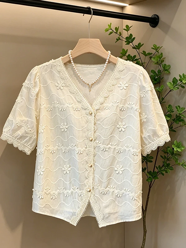 Loose Korean Style V-Neck Splice Short Sleeve Shirt Women's Fashionable Age-Defying Top Summer New Arrival Casual Wear
Loose Korean Style V-Neck Splice Short Sleeve Shirt Women's Fashionable Age-Defying Top Summer New Arrival Casual Wear