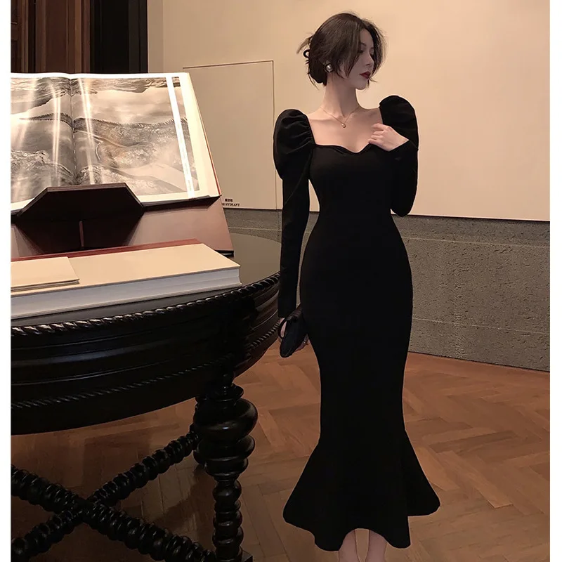Elegant Mermaid Black Evening Dress Women Korean Vintage Gothic Evening Party Dress Sping Autumn Casual Hepburn Slim Dress 2022
Elegant Mermaid Black Evening Dress Women Korean Vintage Gothic Evening Party Dress Sping Autumn Casual Hepburn Slim Dress 2022