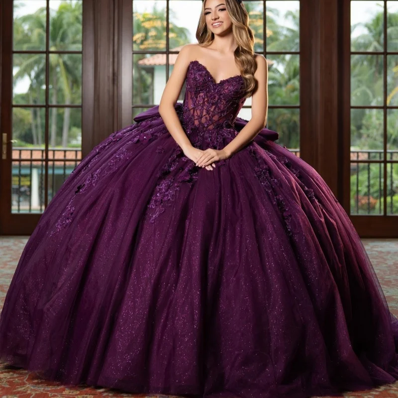 Shiny Purple Quinceanera Dress off-shoulder Glitter Crystal Flower Decal Long tail Bow vestidos de 15 Quinceanera Customize
Shiny Purple Quinceanera Dress off-shoulder Glitter Crystal Flower Decal Long tail Bow vestidos de 15 Quinceanera Customize
