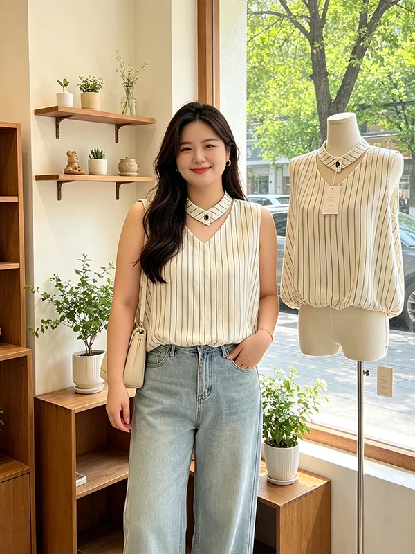 Summer 2026 plus Size Vintage Neckline Sleeveless Striped Chiffon Shirt Elegant Top Women's Fashion Daily Short Length
Summer 2026 plus Size Vintage Neckline Sleeveless Striped Chiffon Shirt Elegant Top Women's Fashion Daily Short Length