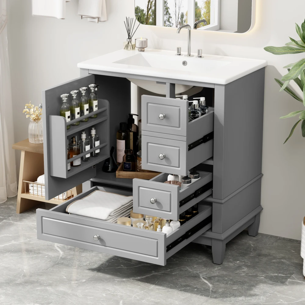 30" Bathroom Vanity with Sink, One Door with Shelf and Three Drawers, Soft Close Door, Grey
30" Bathroom Vanity with Sink, One Door with Shelf and Three Drawers, Soft Close Door, Grey