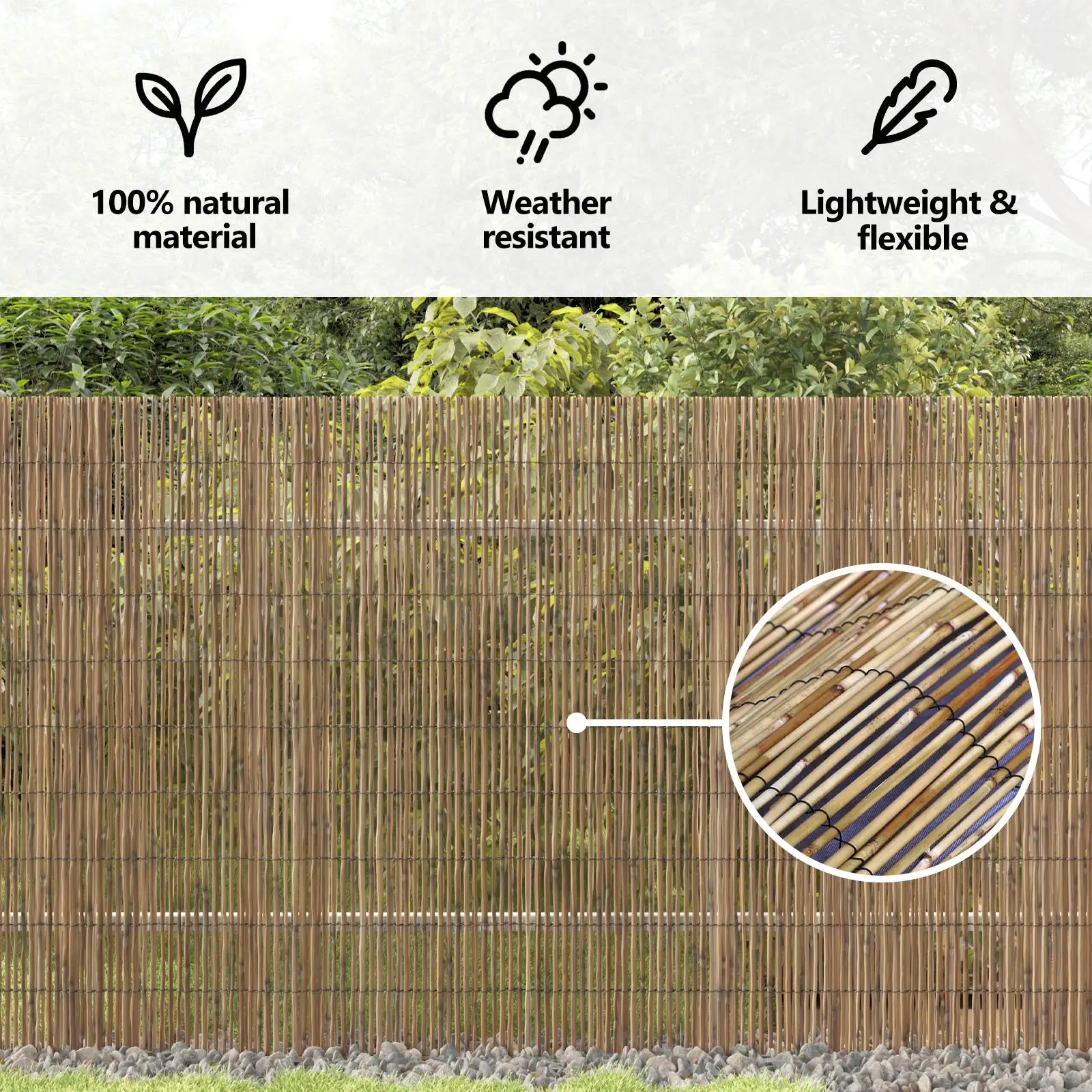 Garden Reed Fence Outdoor Screen Decor Natural Bamboo Material 118x55 Inch Garden Barrier Panel
Garden Reed Fence Outdoor Screen Decor Natural Bamboo Material 118x55 Inch Garden Barrier Panel