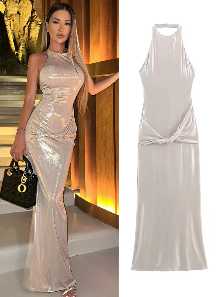 TRAFZA Woman Pleated Decorate Zipper Beach Party Dress 2024 Fashion Women Chic Solid Halter Neck Sleeveless Backless Dress
TRAFZA Woman Pleated Decorate Zipper Beach Party Dress 2024 Fashion Women Chic Solid Halter Neck Sleeveless Backless Dress