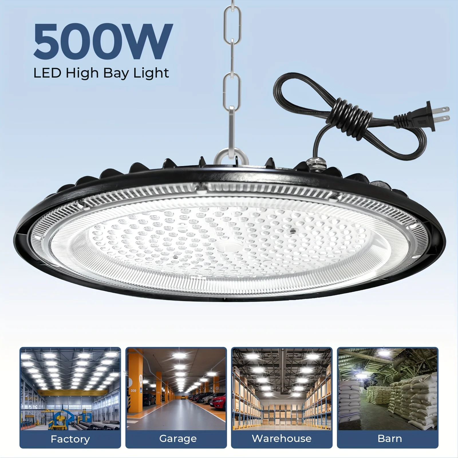 300/500W UFO LED High Bay Light, 120° Wide Beam Angle, 6500K Cool White, 28000 Lumens, Matte Black Aviation with Cooling Fan - Semi-Recessed Mounting, Suitable for Warehouses, Garages, Industrial Workshops, Factories, Barns, High-Efficiency Heat
300/500W UFO LED High Bay Light, 120° Wide Beam Angle, 6500K Cool White, 28000 Lumens, Matte Black Aviation with Cooling Fan - Semi-Recessed Mounting, Suitable for Warehouses, Garages, Industrial Workshops, Factories, Barns, High-Efficiency Heat