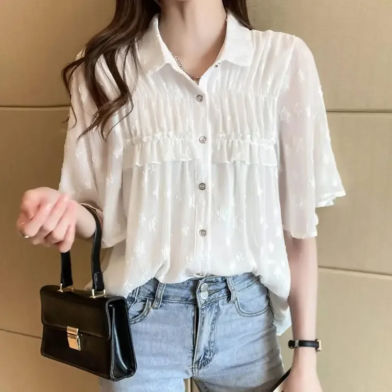 Fashion Solid Color Button Spliced Ruffles Chiffon Shirt Women's Clothing Spring New Casual Tops Loose Office Lady Blouse X826
Fashion Solid Color Button Spliced Ruffles Chiffon Shirt Women's Clothing Spring New Casual Tops Loose Office Lady Blouse X826