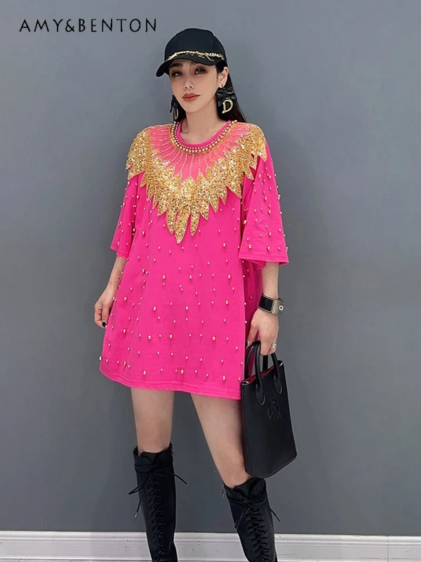 2024 Spring Summer New Short Sleeves T-shirt Heavy Industry Beads Street Oversized T-shirt Elegant Loose Slim Mid-Length Tops
2024 Spring Summer New Short Sleeves T-shirt Heavy Industry Beads Street Oversized T-shirt Elegant Loose Slim Mid-Length Tops