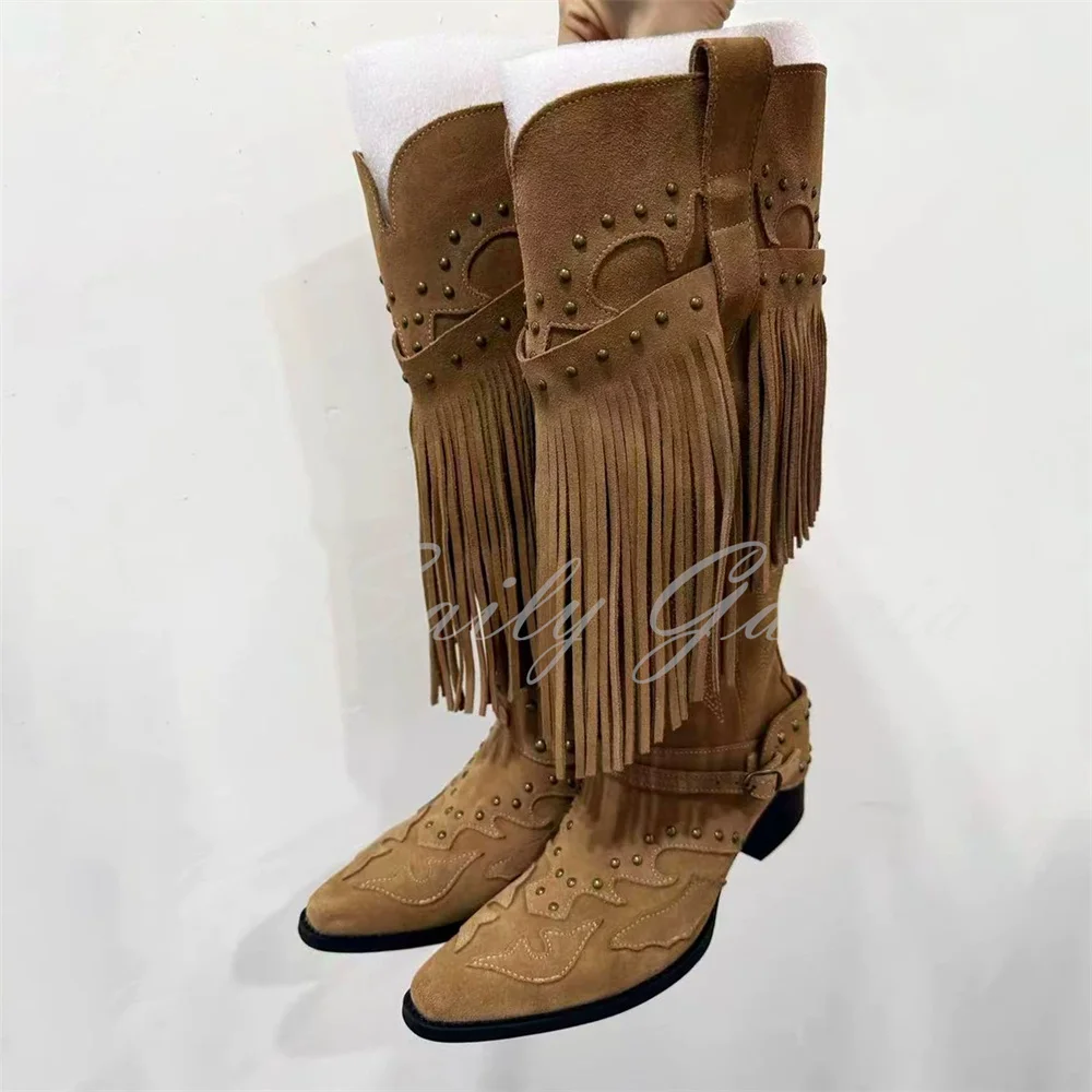 2026 New Retro Tassel Studded Western Cowboy Boots Brown Pointed Toe Rivet Embroidered Chunky Heel Knight Boots for Women
2026 New Retro Tassel Studded Western Cowboy Boots Brown Pointed Toe Rivet Embroidered Chunky Heel Knight Boots for Women