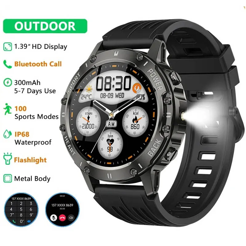 Outdoor HD Display Smart Watch Flashlight Bluetooth Call Sports IP68 Waterproof Fitness Tracker Smartwatch Men Women
Outdoor HD Display Smart Watch Flashlight Bluetooth Call Sports IP68 Waterproof Fitness Tracker Smartwatch Men Women