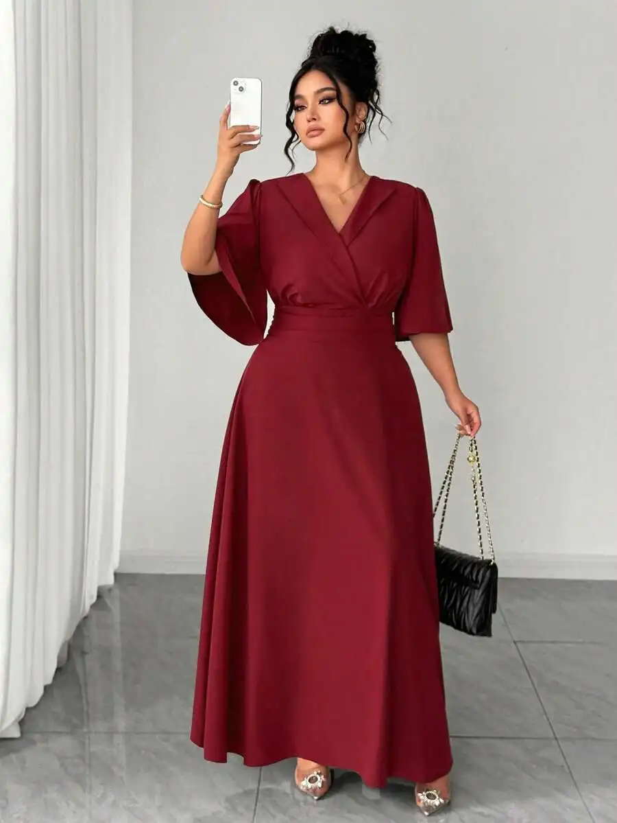Plus Size Women Elegant Minimalist Collared Flare Sleeve Cinched Waist Long Dress Wine Red
Plus Size Women Elegant Minimalist Collared Flare Sleeve Cinched Waist Long Dress Wine Red