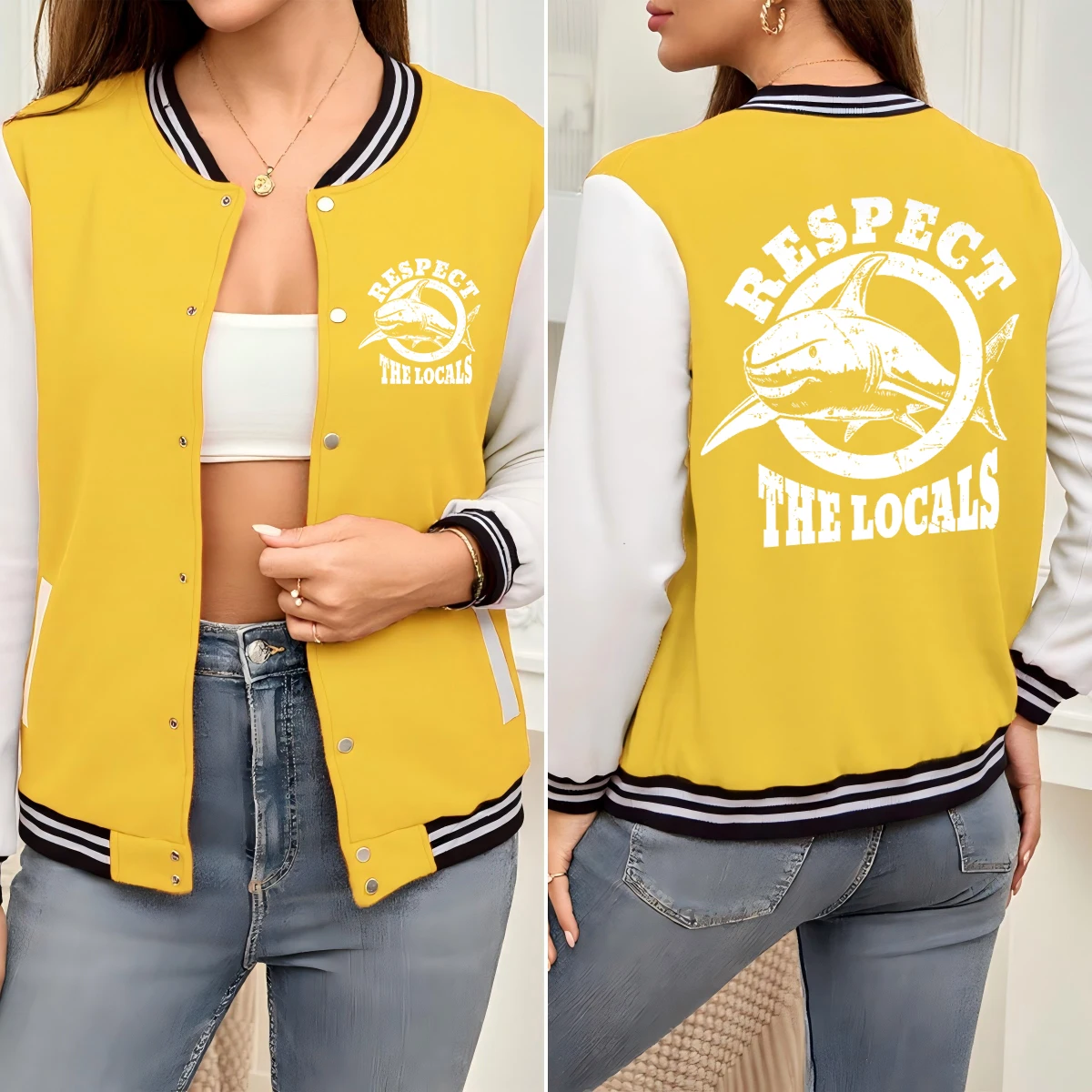 Respect The Locals Sharks Print Baseball Uniform Women Fashion Cotton Jacket American Hip Hop Top Oversized All-Match Clothes
Respect The Locals Sharks Print Baseball Uniform Women Fashion Cotton Jacket American Hip Hop Top Oversized All-Match Clothes