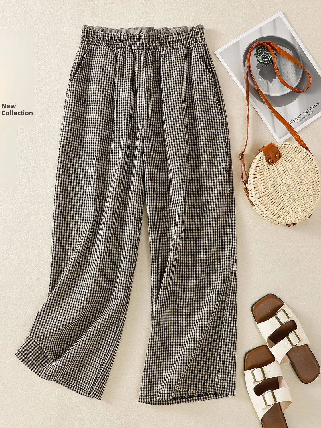 Прямые широкие брюки с высокой талией, повседневная льняная женская летняя одежда, утягивающие клетчатые брюки свободного покроя с девятью точками 
Прямые широкие брюки с высокой талией, повседневная льняная женская летняя одежда, утягивающие клетчатые брюки свободного покроя с девятью точками