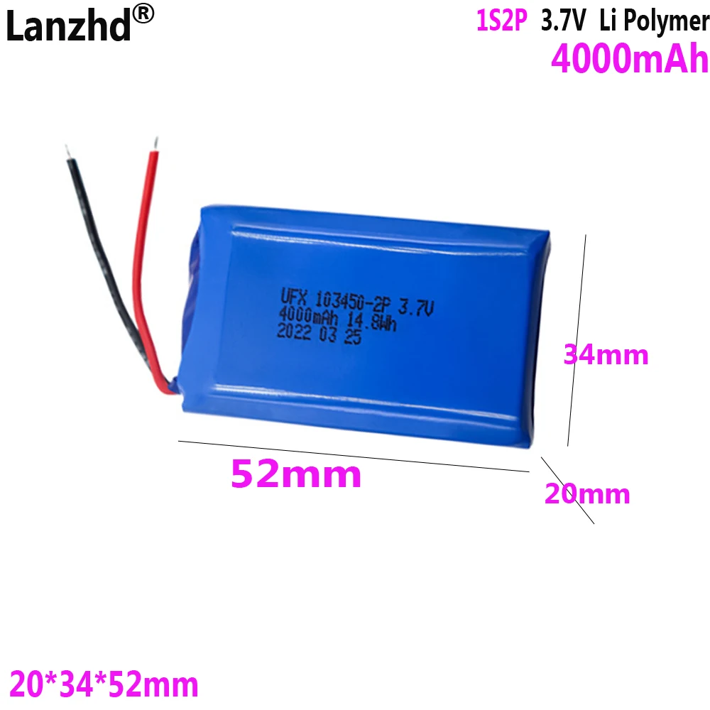 3.7V Polymer battery pack 1S2P 103450 4000mAh For Lamp hand warmer smart wearable Bluetooth audio recorder battery
3.7V Polymer battery pack 1S2P 103450 4000mAh For Lamp hand warmer smart wearable Bluetooth audio recorder battery