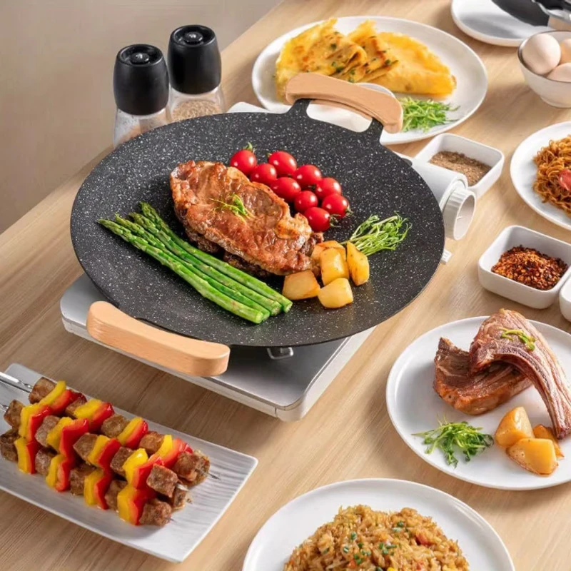 1 Pc Versatile non-stick Korean barbecue plate, easy to clean, with 2 wooden handles, suitable for indoor and outdoor cooking
1 Pc Versatile non-stick Korean barbecue plate, easy to clean, with 2 wooden handles, suitable for indoor and outdoor cooking