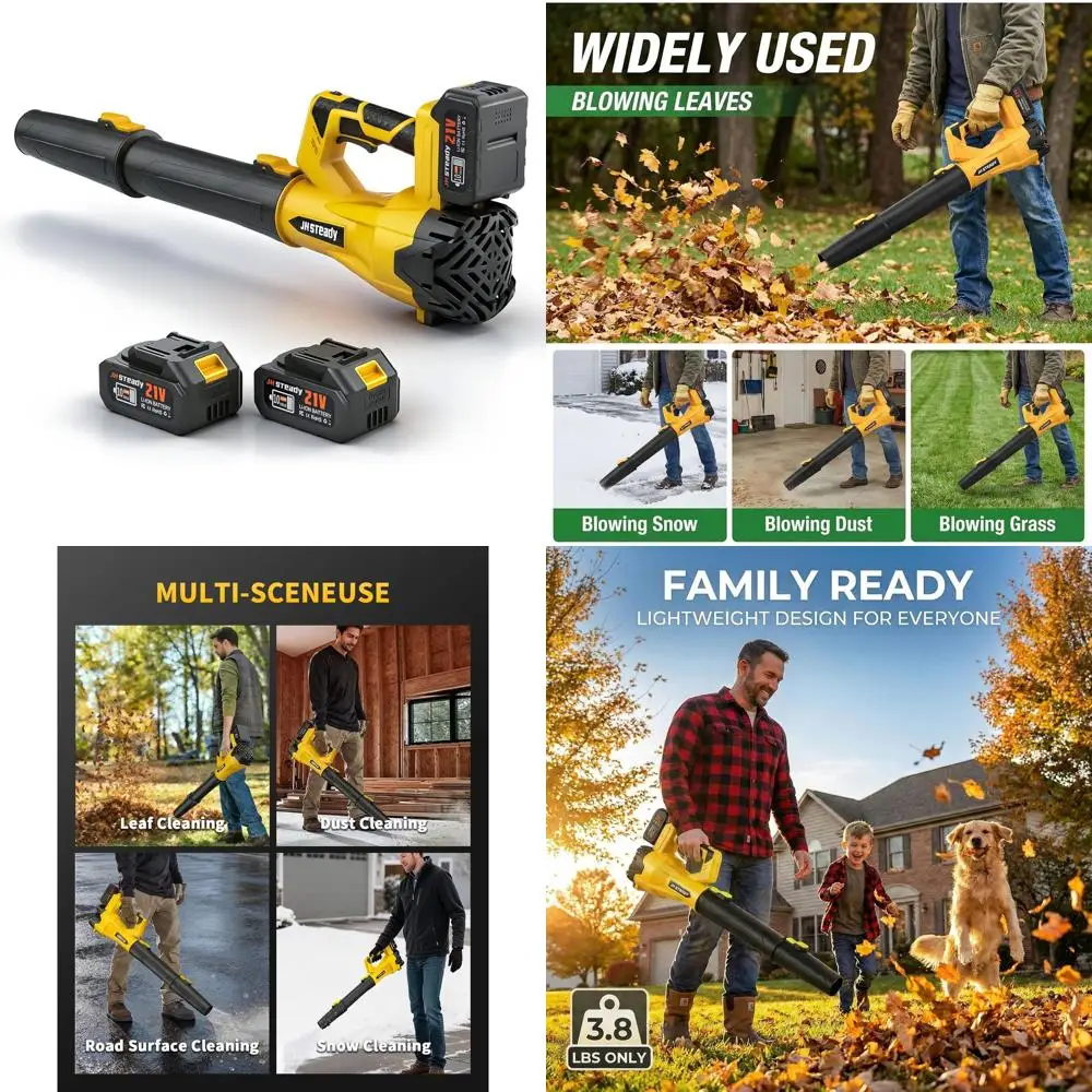 3500W Variable Speed Electric Leaf Blower with 350m/s Air Speed, Extendable Nozzle, Rechargeable, 2 Batteries Included (Yellow)
3500W Variable Speed Electric Leaf Blower with 350m/s Air Speed, Extendable Nozzle, Rechargeable, 2 Batteries Included (Yellow)