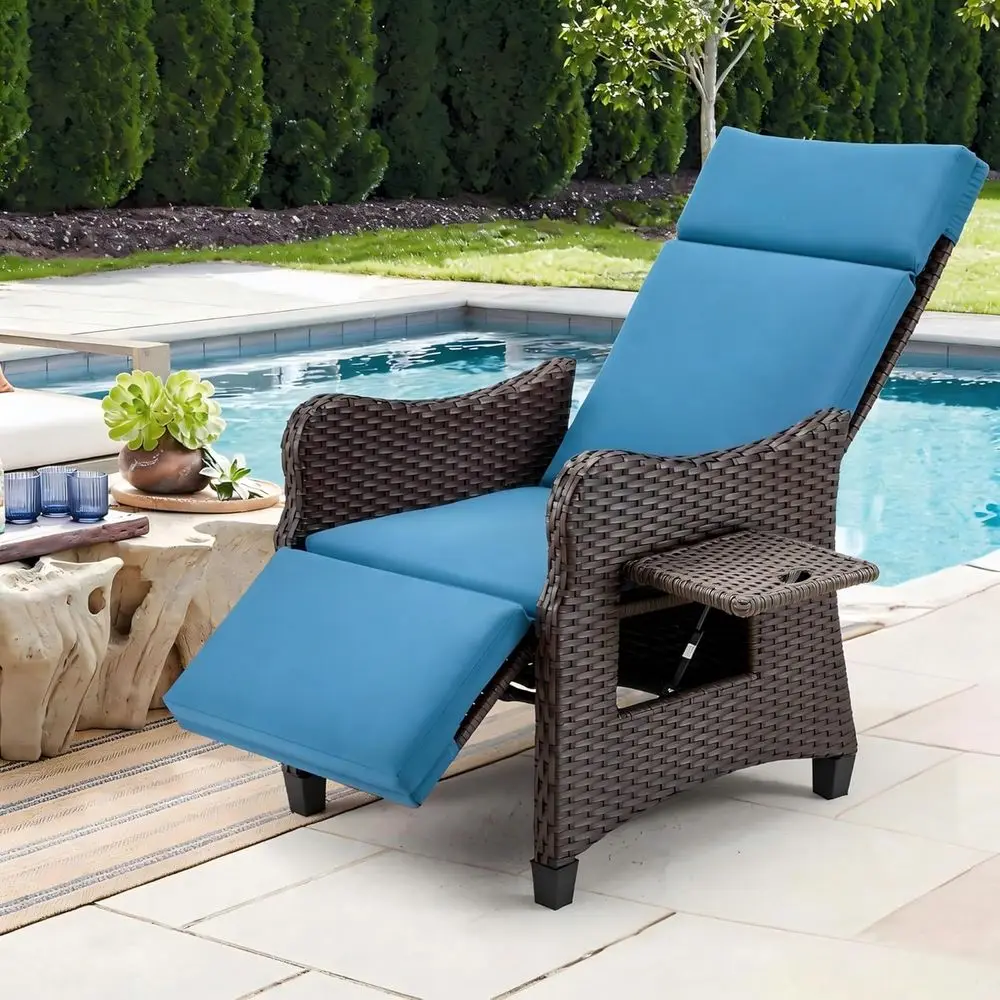 Navy Blue Outdoor Wicker Recliner with 150° Backrest, Table, and Removable Cushion
Navy Blue Outdoor Wicker Recliner with 150° Backrest, Table, and Removable Cushion