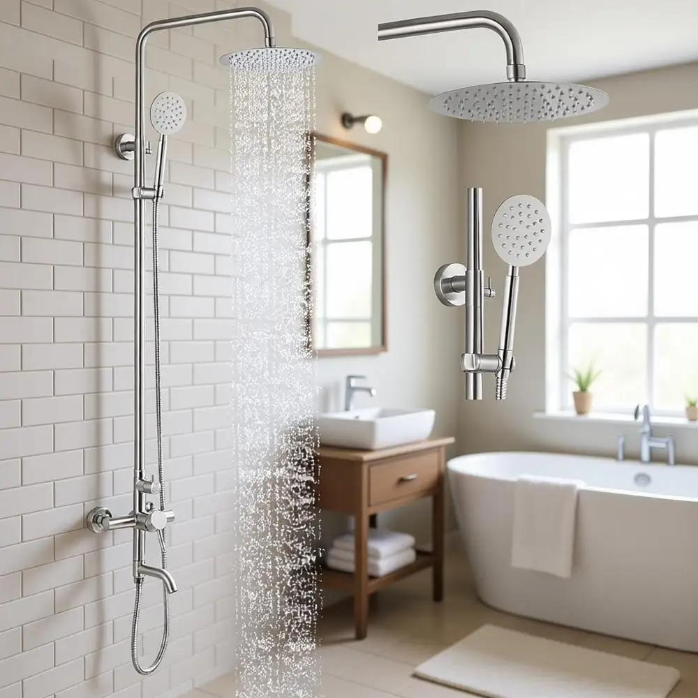 Серебряный душевой комплект с настенным креплением, тройная функция, душевая система 8 дюймов, регулируемая ручная лейка, тропический душ, матовый никель, полный комплект
Серебряный душевой комплект с настенным креплением, тройная функция, душевая система 8 дюймов, регулируемая ручная лейка, тропический душ, матовый никель, полный комплект