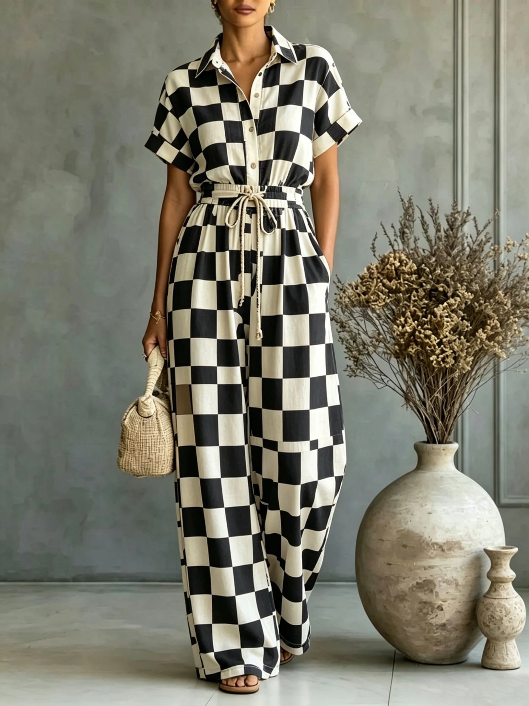 Women‘s Vintage Chessboard Printed 2 Piece Sets Outfits Summer Chic Halter Neck Sleeveless V-Neck Tank Top Loose Wide Leg Pants
Women‘s Vintage Chessboard Printed 2 Piece Sets Outfits Summer Chic Halter Neck Sleeveless V-Neck Tank Top Loose Wide Leg Pants