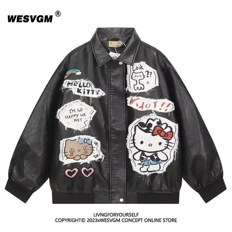 Hello Kittys American Retro Cartoon Embroidery Leather Jacket for Women Autumn Winter Couple Loose Casual Tops Coat Streetwear
Hello Kittys American Retro Cartoon Embroidery Leather Jacket for Women Autumn Winter Couple Loose Casual Tops Coat Streetwear