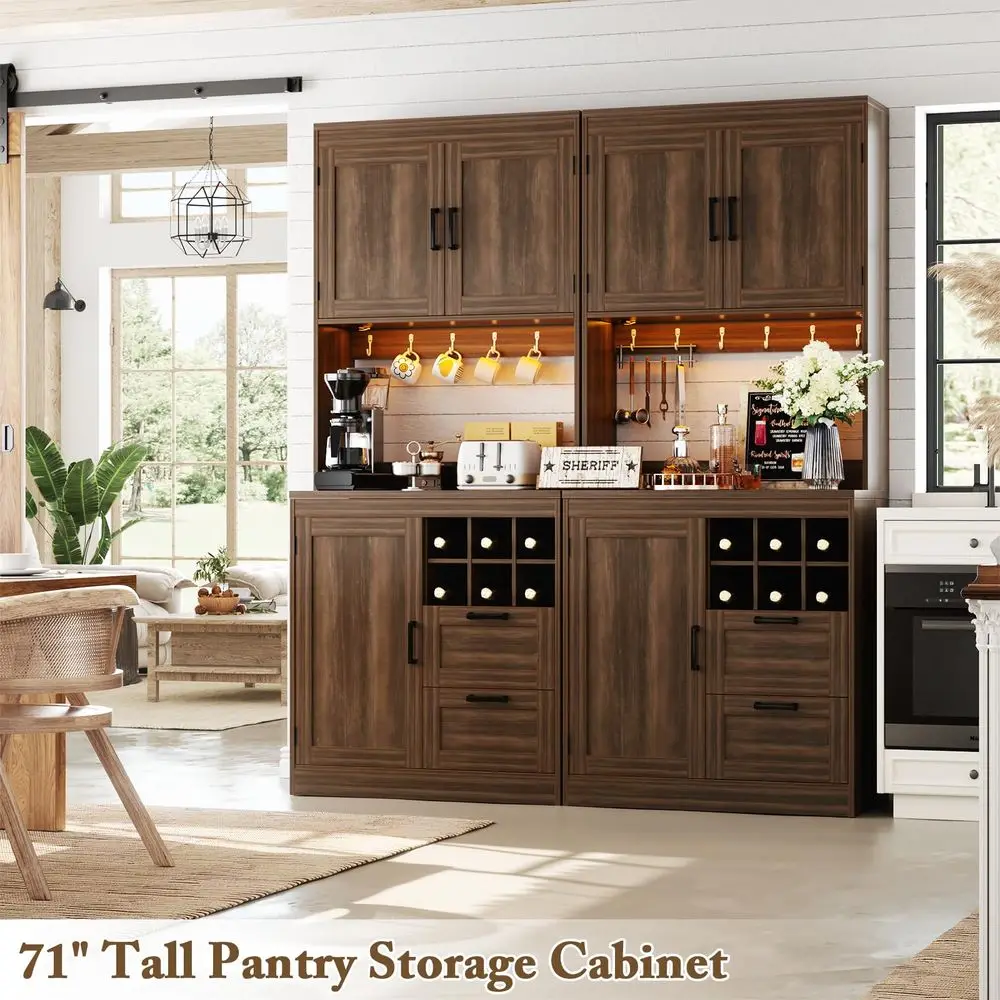72 Tall Kitchen Pantry Cabinet with LED Light amp Outlet, 63 Wide Kitchen Hutch Bar with Microwave Stand, Drawers, Wine Racks a
72 Tall Kitchen Pantry Cabinet with LED Light amp Outlet, 63 Wide Kitchen Hutch Bar with Microwave Stand, Drawers, Wine Racks a