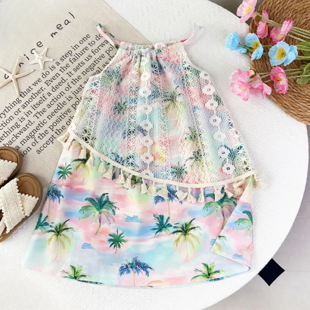 Seaside Leisure Vacation Style Dress for Girls Aged 3-7 with Suspender Hollowed Out Pattern Tassel Coconut Tree Print Summer
Seaside Leisure Vacation Style Dress for Girls Aged 3-7 with Suspender Hollowed Out Pattern Tassel Coconut Tree Print Summer