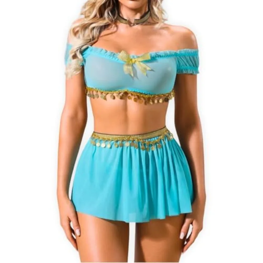 Teal Lingerie Set for Women Off Shoulder Top with Coin Detail Skirt and Choker, Exotic Belly Dance Inspired
Teal Lingerie Set for Women Off Shoulder Top with Coin Detail Skirt and Choker, Exotic Belly Dance Inspired