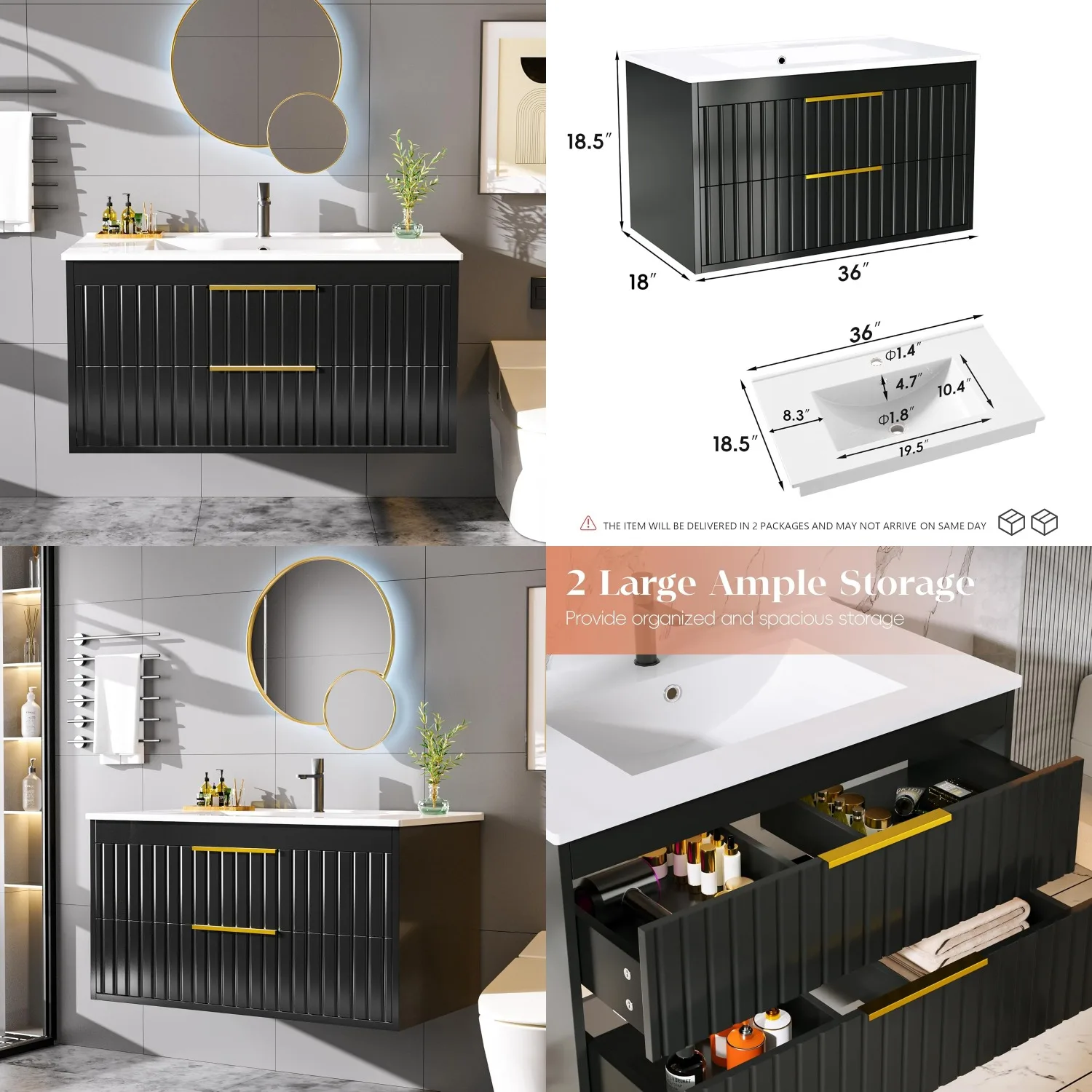 36" Floating Bathroom Vanity with Sink, Wall Mount Cabinet Soft-Close Drawers Grooved Stripe Black, Customized
36" Floating Bathroom Vanity with Sink, Wall Mount Cabinet Soft-Close Drawers Grooved Stripe Black, Customized