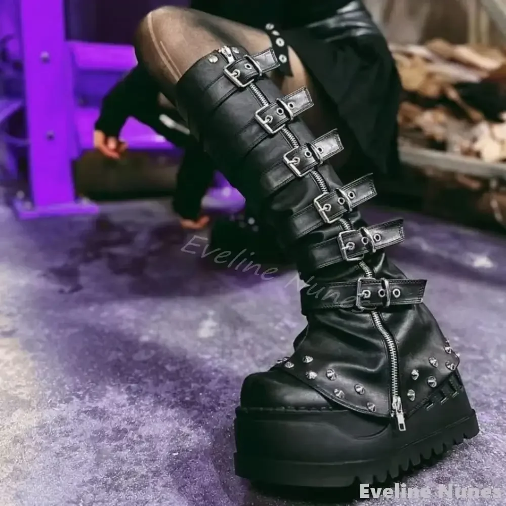 Combination Leg Cover Thick-soled Shoes Women Round Toe Punk Gothic Metal Rivet Belt Buckle Knee High Boots Black Hotties Boots
Combination Leg Cover Thick-soled Shoes Women Round Toe Punk Gothic Metal Rivet Belt Buckle Knee High Boots Black Hotties Boots