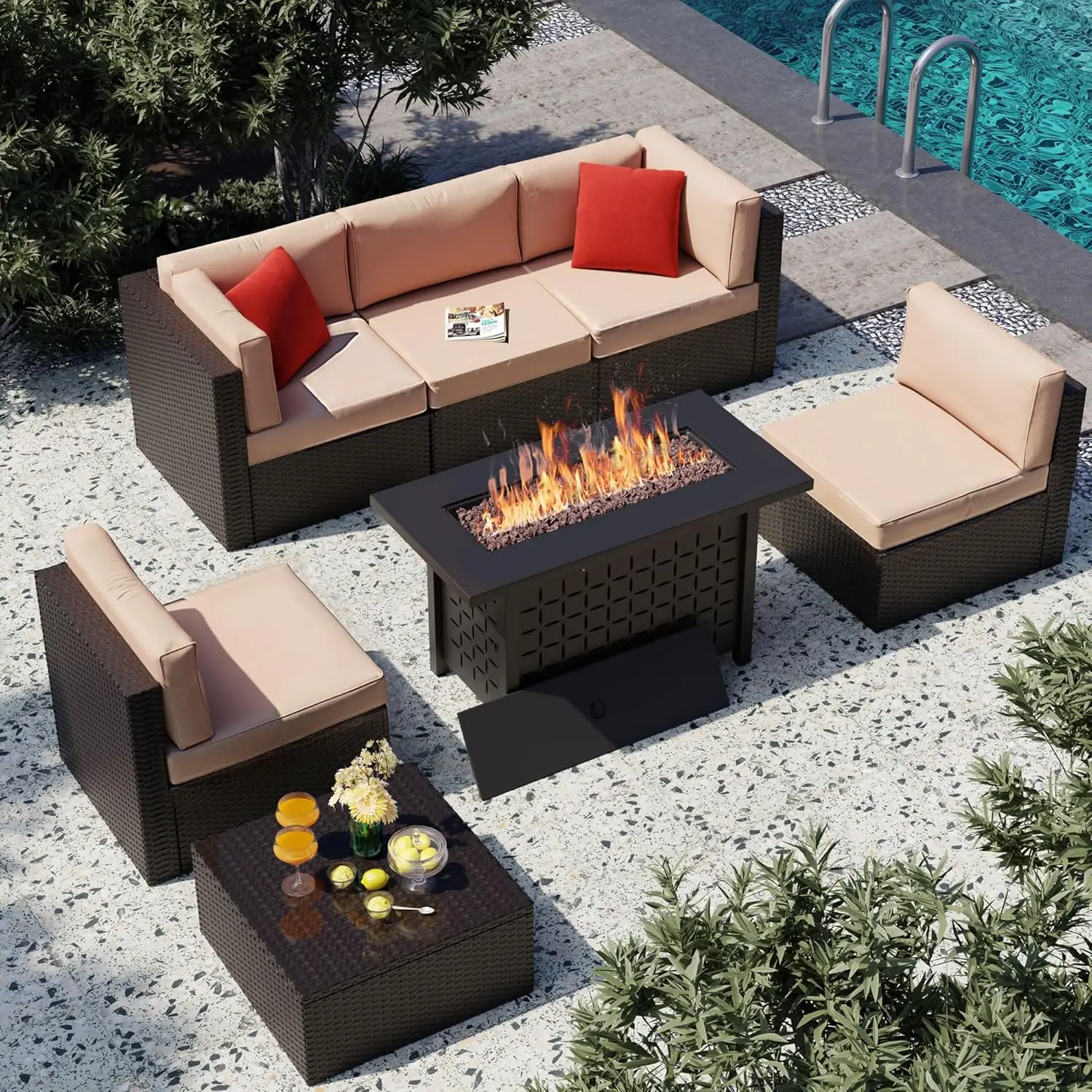 7 Piece Patio Furniture Set with Propane Fire Pit, Outdoor Conversation Sets Wicker Rattan Sectional Sofa with Coffee Table, 43”
7 Piece Patio Furniture Set with Propane Fire Pit, Outdoor Conversation Sets Wicker Rattan Sectional Sofa with Coffee Table, 43”