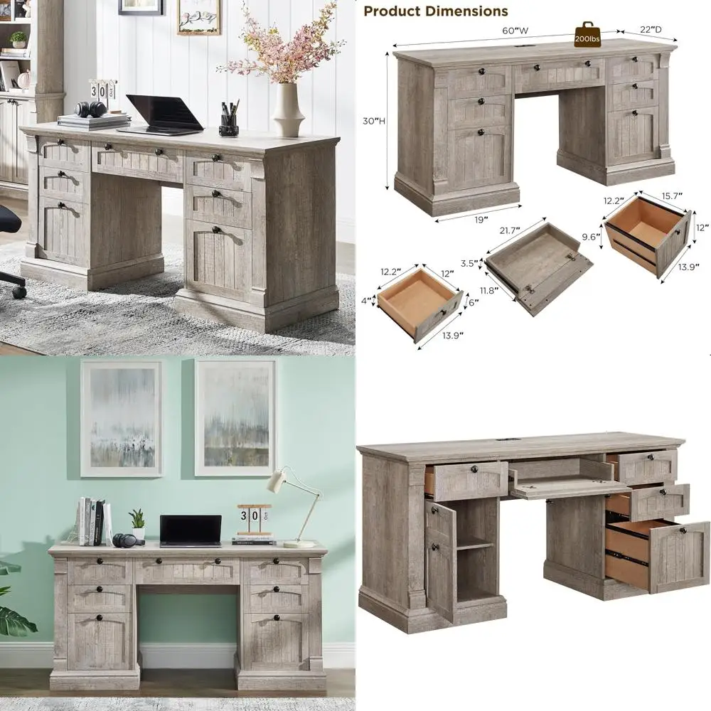 Executive Farmhouse Desk with Drawers, Charging Station, Keyboard Tray, and File Cabinet Storage in Wood
Executive Farmhouse Desk with Drawers, Charging Station, Keyboard Tray, and File Cabinet Storage in Wood