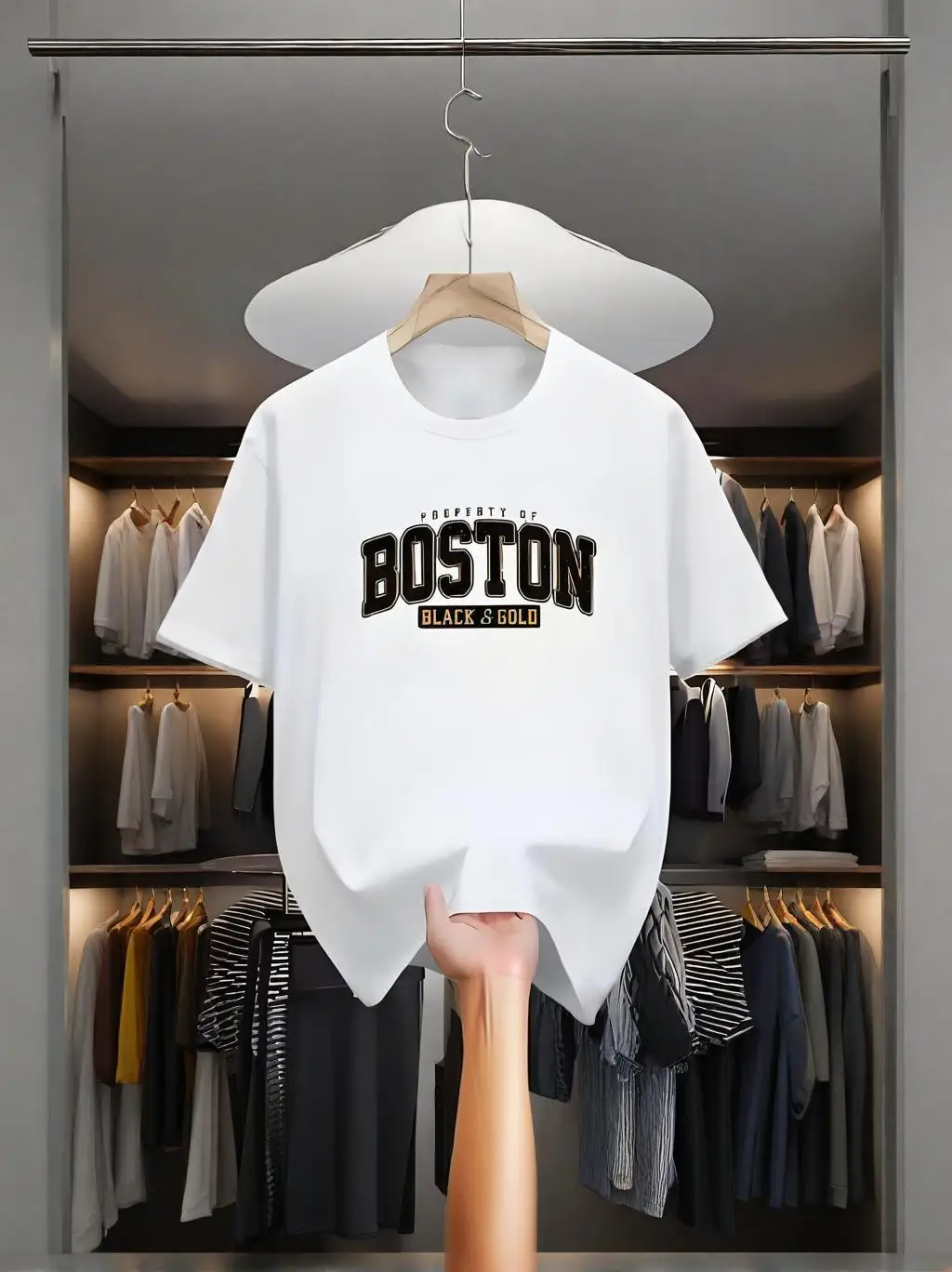 Men's trendy round neck casual T-shirt, Boston print, 100% polyester knitted fabric, slightly elastic, short sleeved summer top
Men's trendy round neck casual T-shirt, Boston print, 100% polyester knitted fabric, slightly elastic, short sleeved summer top