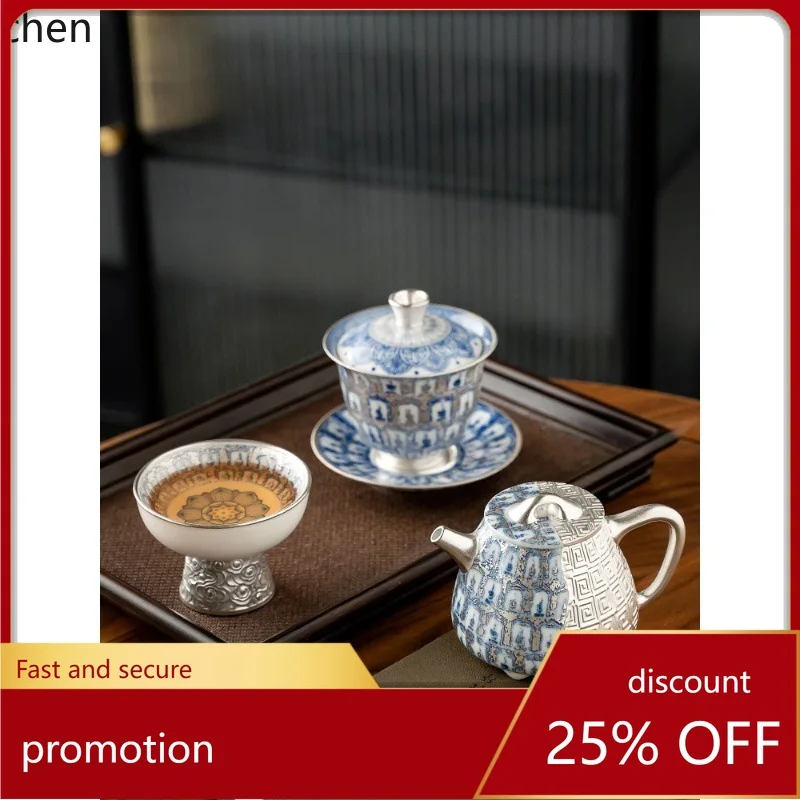 Hxl sterling silver teapot, wanfo tea infuser, handcrafted gilt silver embossed gaiwan tea cup
Hxl sterling silver teapot, wanfo tea infuser, handcrafted gilt silver embossed gaiwan tea cup