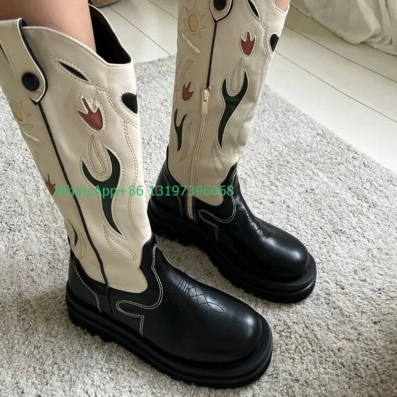 Lady height top design embroidery print knee boots cowboy platform flat white V design boots causal dress side zip size 35-40
Lady height top design embroidery print knee boots cowboy platform flat white V design boots causal dress side zip size 35-40