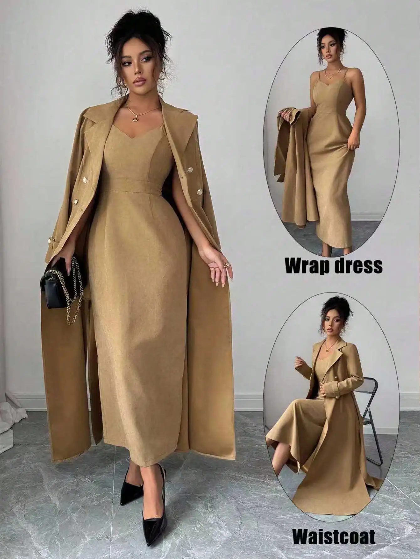 Комплект из 2 предметов: замшевое платье-комбинация и жакет с приталенной талией, цвет хаки, элегантное платье-халат с жилетом для работы или свидания
Комплект из 2 предметов: замшевое платье-комбинация и жакет с приталенной талией, цвет хаки, элегантное платье-халат с жилетом для работы или свидания