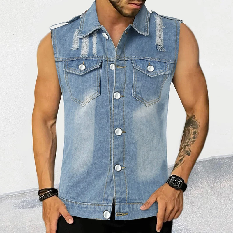 Fashion Mens Denim Vest Shirts Spring Summer Casual Lapel Button Sleeveless Shirt Men Streetwear Vintage Ripped Denim Tank Tops
Fashion Mens Denim Vest Shirts Spring Summer Casual Lapel Button Sleeveless Shirt Men Streetwear Vintage Ripped Denim Tank Tops