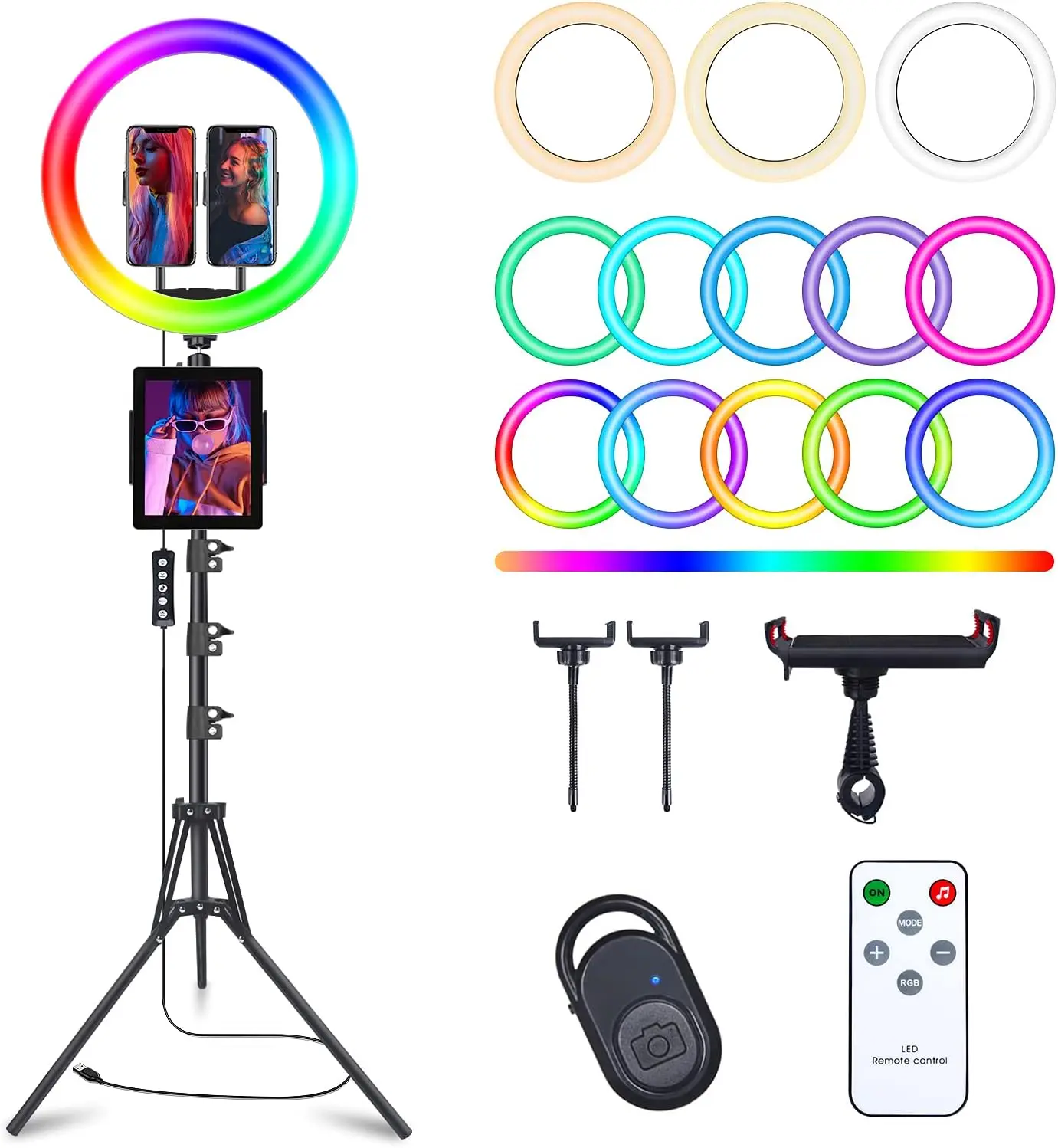 13" Selfie Ring Light with 76" Tripod, 3 Phone Holders, 48 RGB Colors & Music Mode for Makeup/Photography/Videos
13" Selfie Ring Light with 76" Tripod, 3 Phone Holders, 48 RGB Colors & Music Mode for Makeup/Photography/Videos