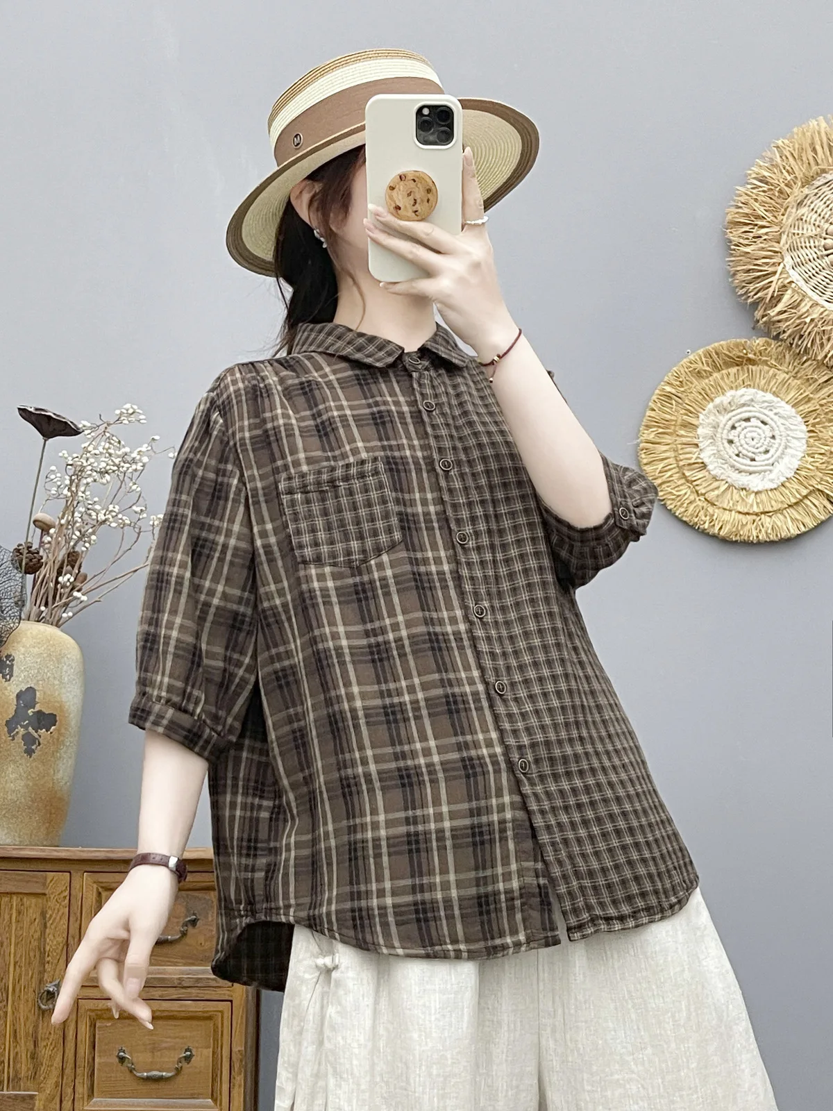 New 2026 Summer Women Cotton Yarn Half Sleeve Shirt, Lapel Plaid Patchwork, Mori Girl Design Sense Thin Loose Blouse T65387CC
New 2026 Summer Women Cotton Yarn Half Sleeve Shirt, Lapel Plaid Patchwork, Mori Girl Design Sense Thin Loose Blouse T65387CC