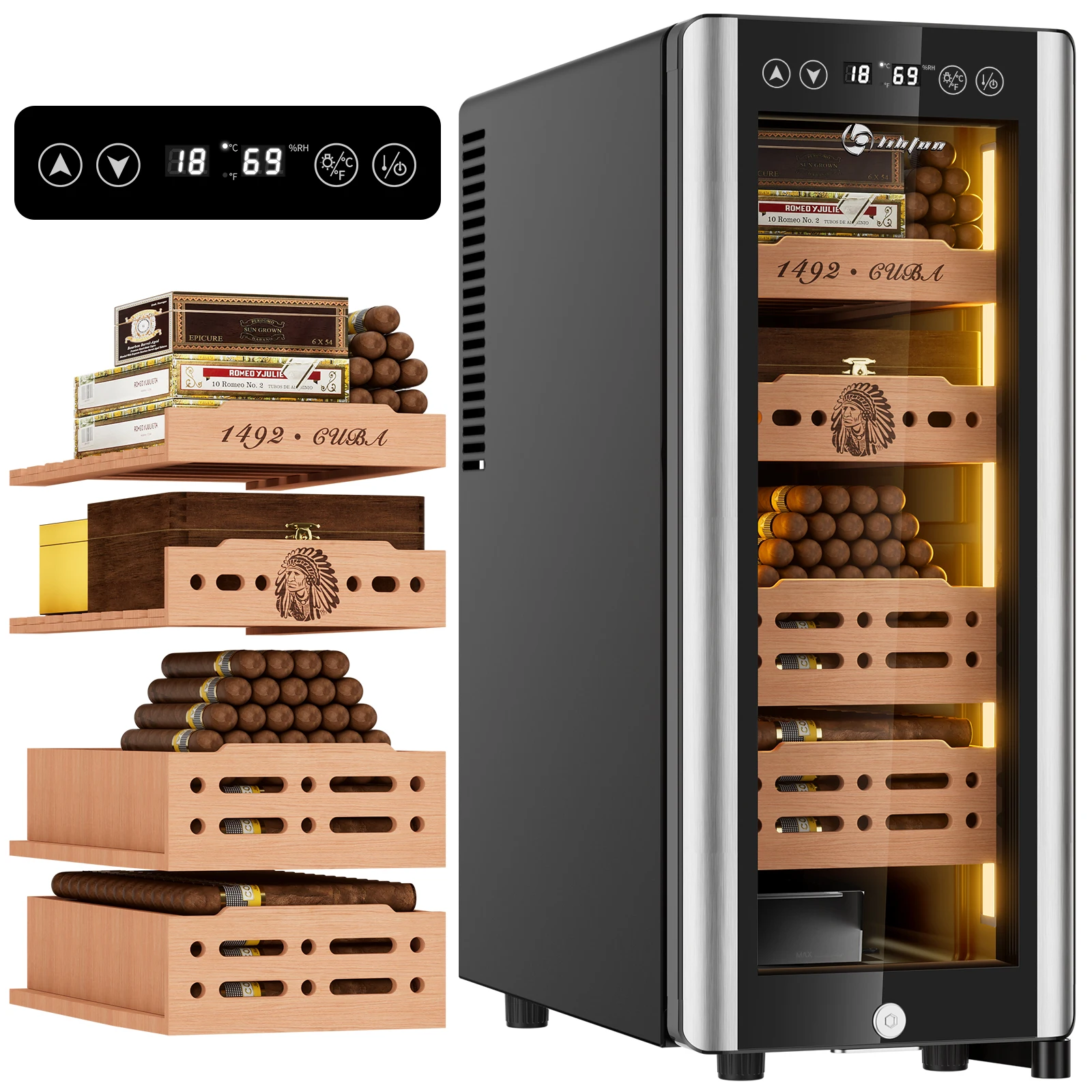 Electric Cigar Humidor Cabinet,300pcs Cooling Cigar Fridge,Temperature Humidity Control with Cedar Wood Trays,Noise Cancelling
Electric Cigar Humidor Cabinet,300pcs Cooling Cigar Fridge,Temperature Humidity Control with Cedar Wood Trays,Noise Cancelling