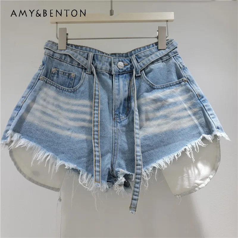 American Raw Edge Denim Shorts Blue High Waist Drawstring A-line Booty Pants Stylish Casual Unique Design Slim Fit Shorts Women
American Raw Edge Denim Shorts Blue High Waist Drawstring A-line Booty Pants Stylish Casual Unique Design Slim Fit Shorts Women