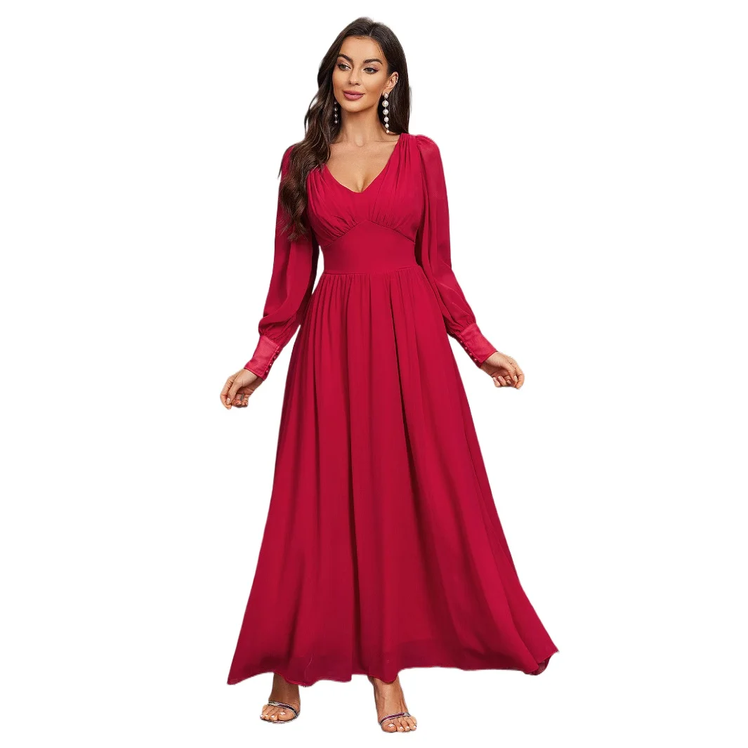 Elegant V-neck Ruched Long Formal Evening Dress With Long Sleeves Burgundy
Elegant V-neck Ruched Long Formal Evening Dress With Long Sleeves Burgundy