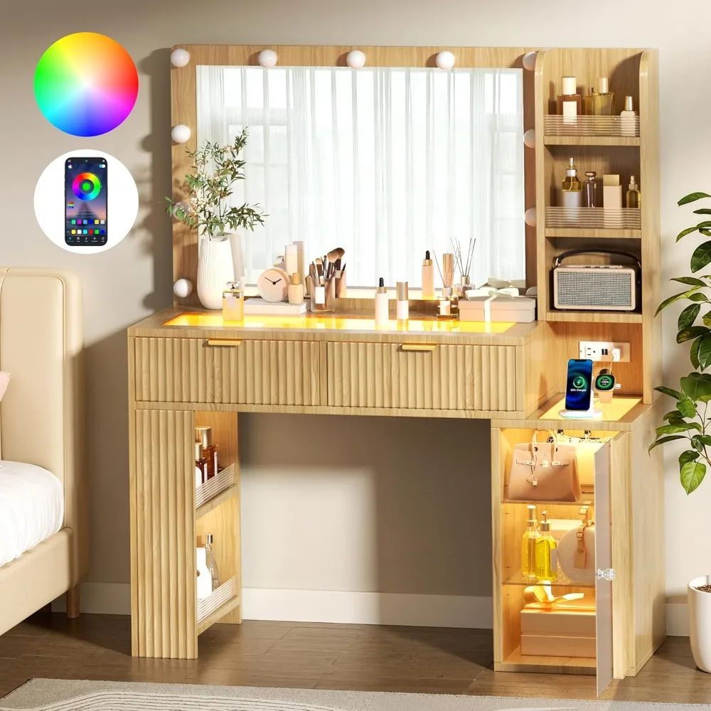 Vanity Desk with Large 37’’ Hollywood Mirror and RGB Lights, Makeup Vanity with Tempered Glass Top & 2 Lighted Drawers
Vanity Desk with Large 37’’ Hollywood Mirror and RGB Lights, Makeup Vanity with Tempered Glass Top & 2 Lighted Drawers