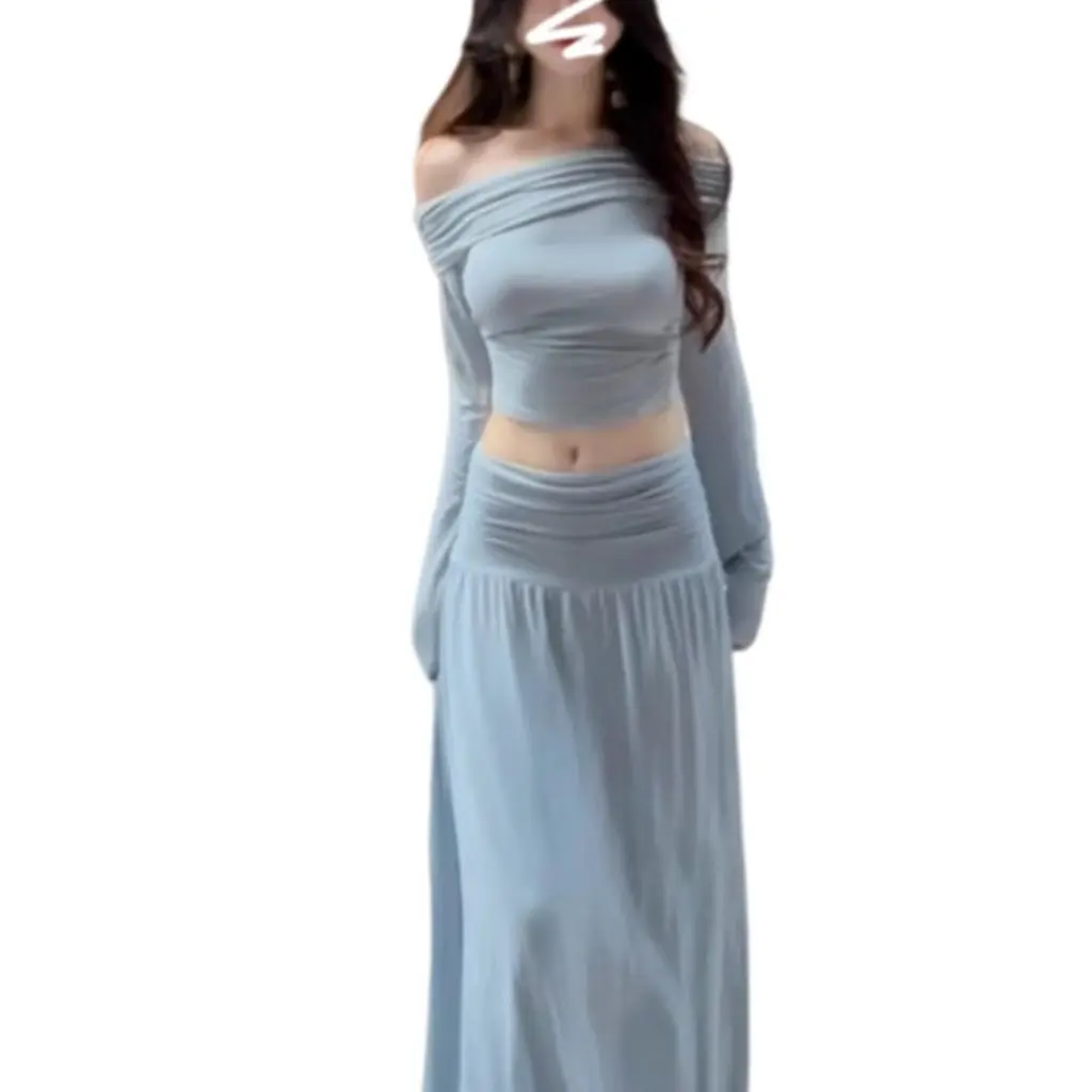 Корейский стиль, ранняя осень, платье на одно плечо с длинными рукавами и полуюбка, комплект из двух предметов для женщин, облегающий модный наряд 
Корейский стиль, ранняя осень, платье на одно плечо с длинными рукавами и полуюбка, комплект из двух предметов для женщин, облегающий модный наряд