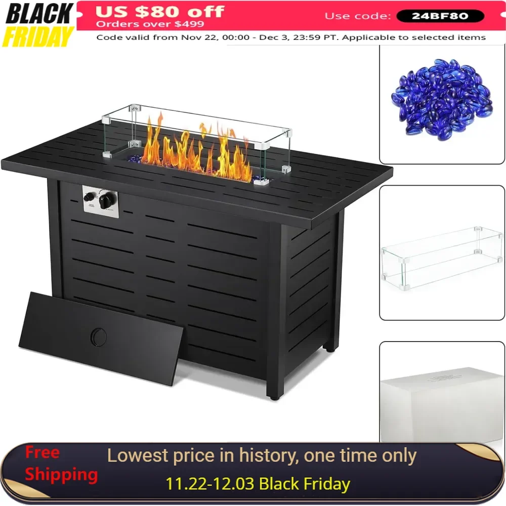 43" Fire Pit Table with Blue Glass Rocks, Tempered Glass Wind Guard, Lid and Rain Cover, 50000BTU, Propane Gas Fire Pit Table
43" Fire Pit Table with Blue Glass Rocks, Tempered Glass Wind Guard, Lid and Rain Cover, 50000BTU, Propane Gas Fire Pit Table