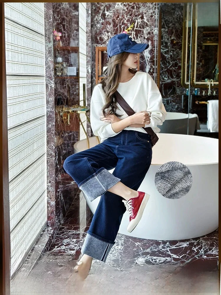 Meiyang Blueberry Roll Denim Jeans Fleece Lined Cuffed Straight Leg Nine Inch Winter High Waist Casual Deep Color Ladies Jeans
Meiyang Blueberry Roll Denim Jeans Fleece Lined Cuffed Straight Leg Nine Inch Winter High Waist Casual Deep Color Ladies Jeans