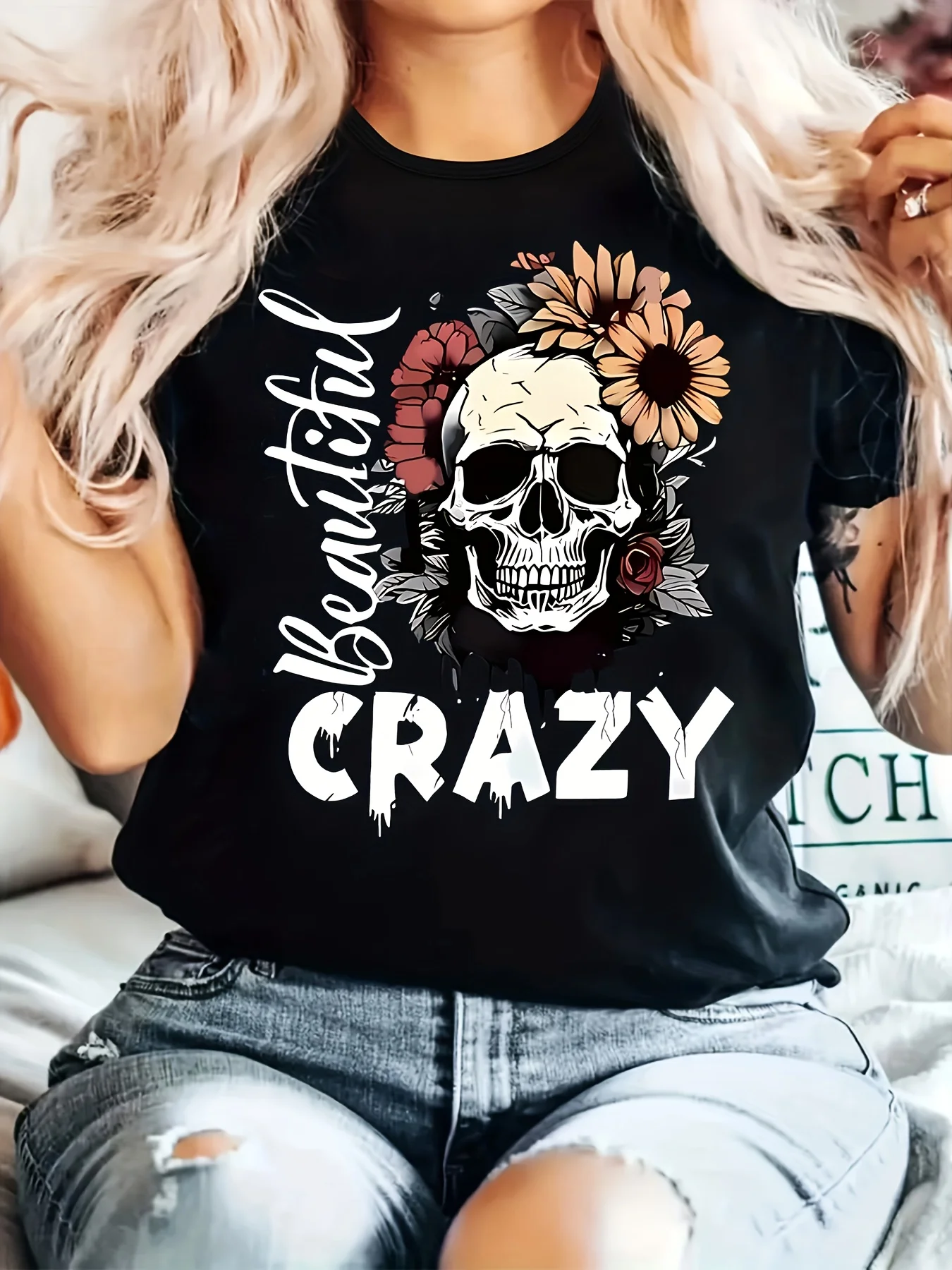 Plus - Size Black Round Neck T - Shirt with Skull and Floral Print and 'Beautiful Crazy' Quote: Edgy and Bohemian
Plus - Size Black Round Neck T - Shirt with Skull and Floral Print and 'Beautiful Crazy' Quote: Edgy and Bohemian